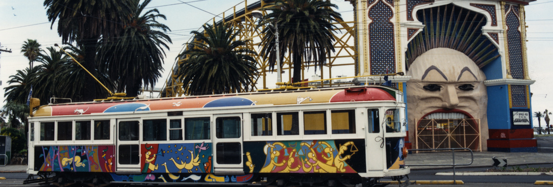 A colourful tram near Lunar Park